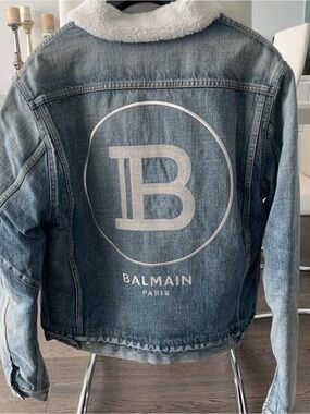 Balmain Blue Denim Logo Shearling Jacket with White Collar